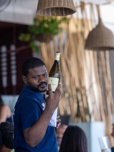 Serviço de vinho no restaurante CEANO, entre plantas e candeeiros de fibras naturais